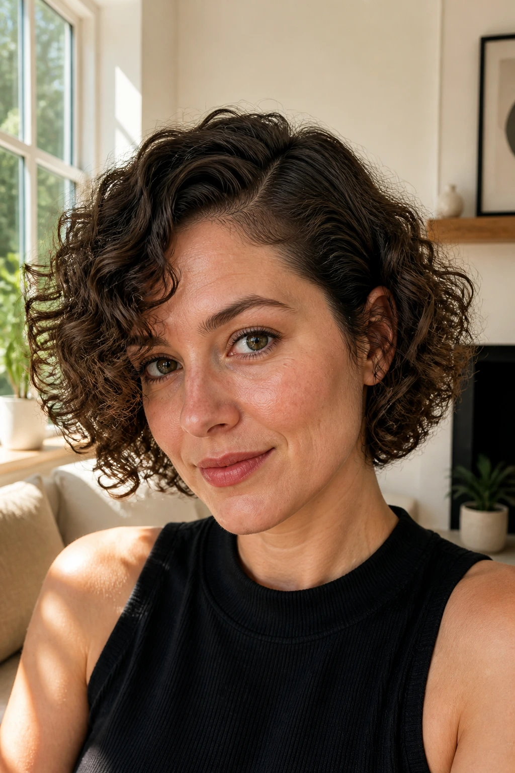 Real woman with curly bob and side part in sunlit living room