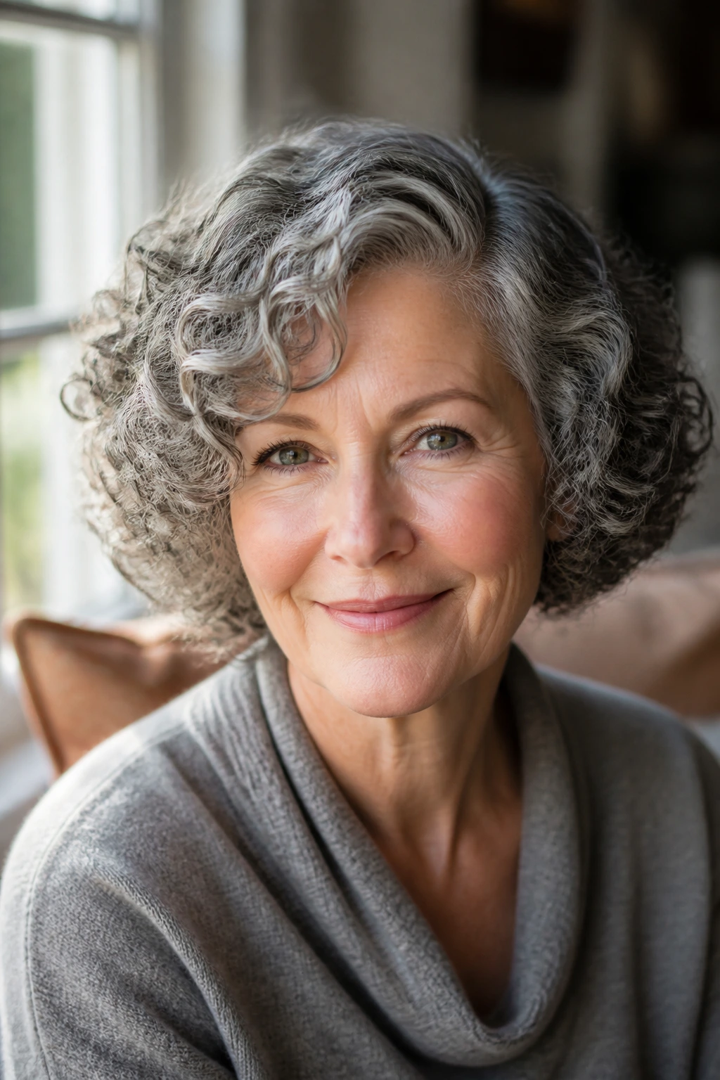 Close-up of a woman with curly bob and side part in window light