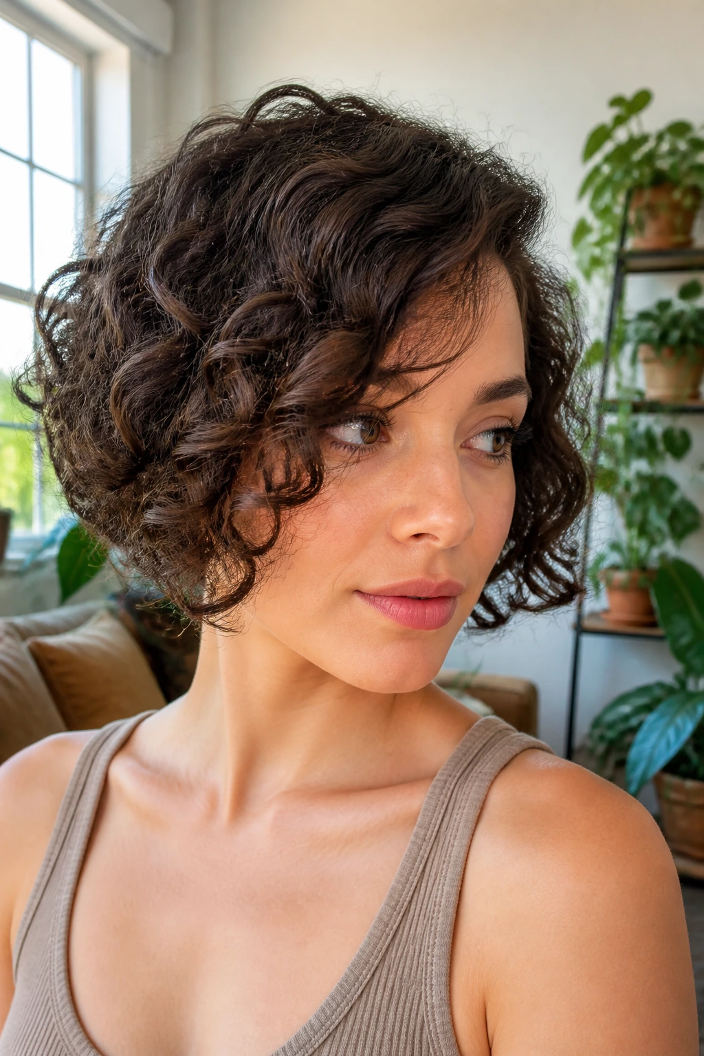 Close-up portrait of a woman with curly bob side sweep in natural light