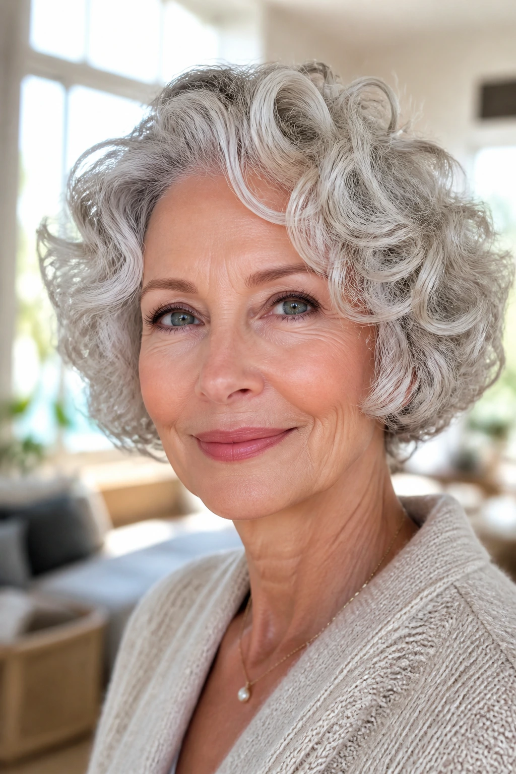 Close-up portrait of an older woman with a jaw-length silver curly bob