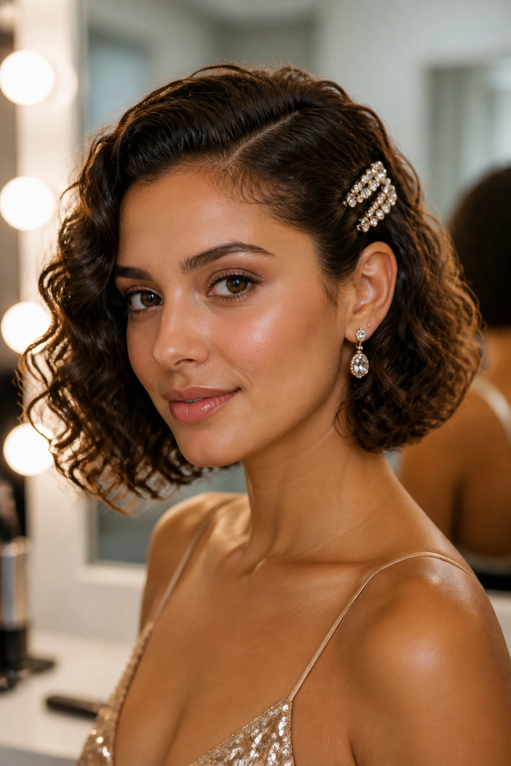 Close-up of a real woman with curly bob tucked behind one ear and a sparkly clip.