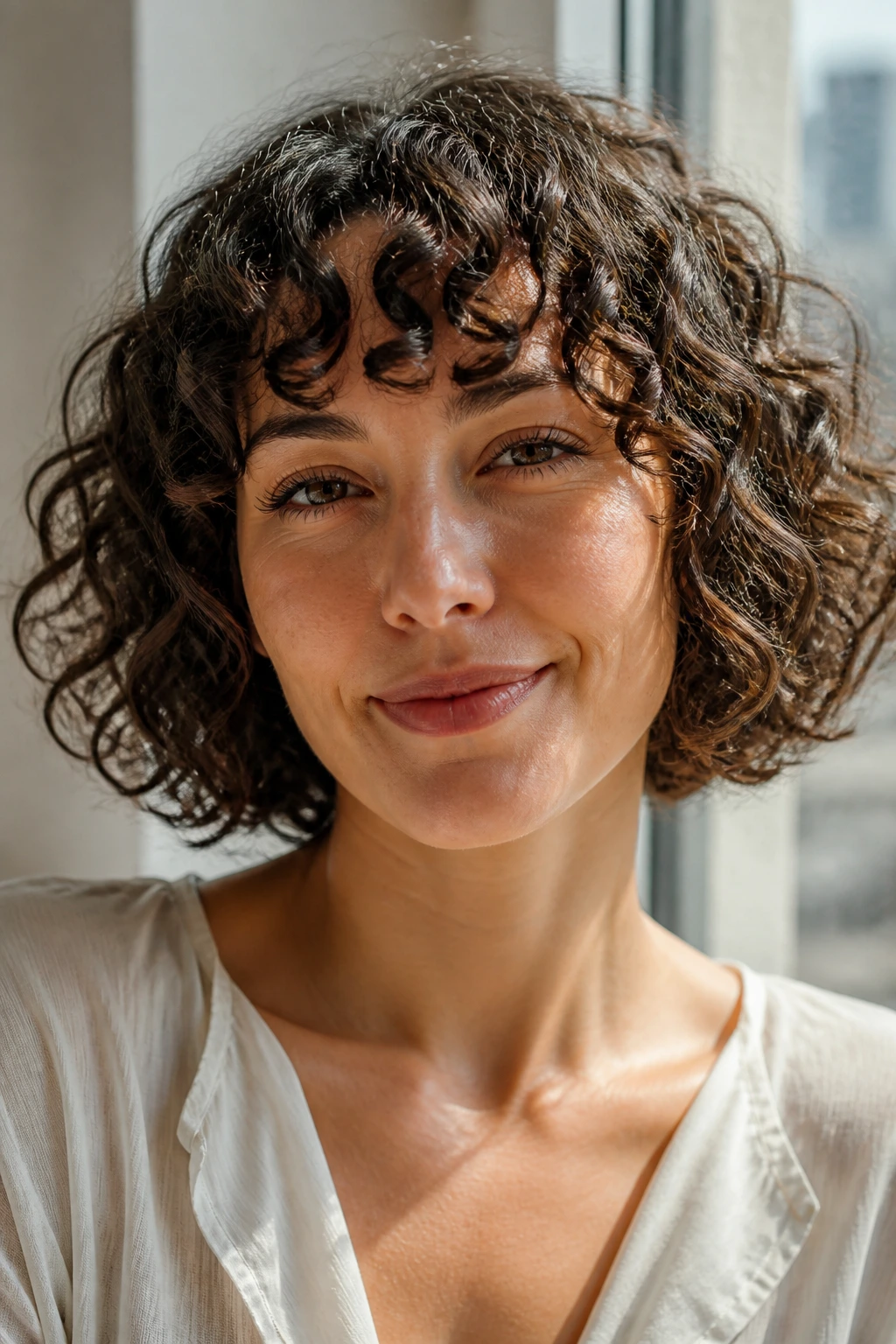 Close-up of real woman with chin-length curly bob and spiral bangs.