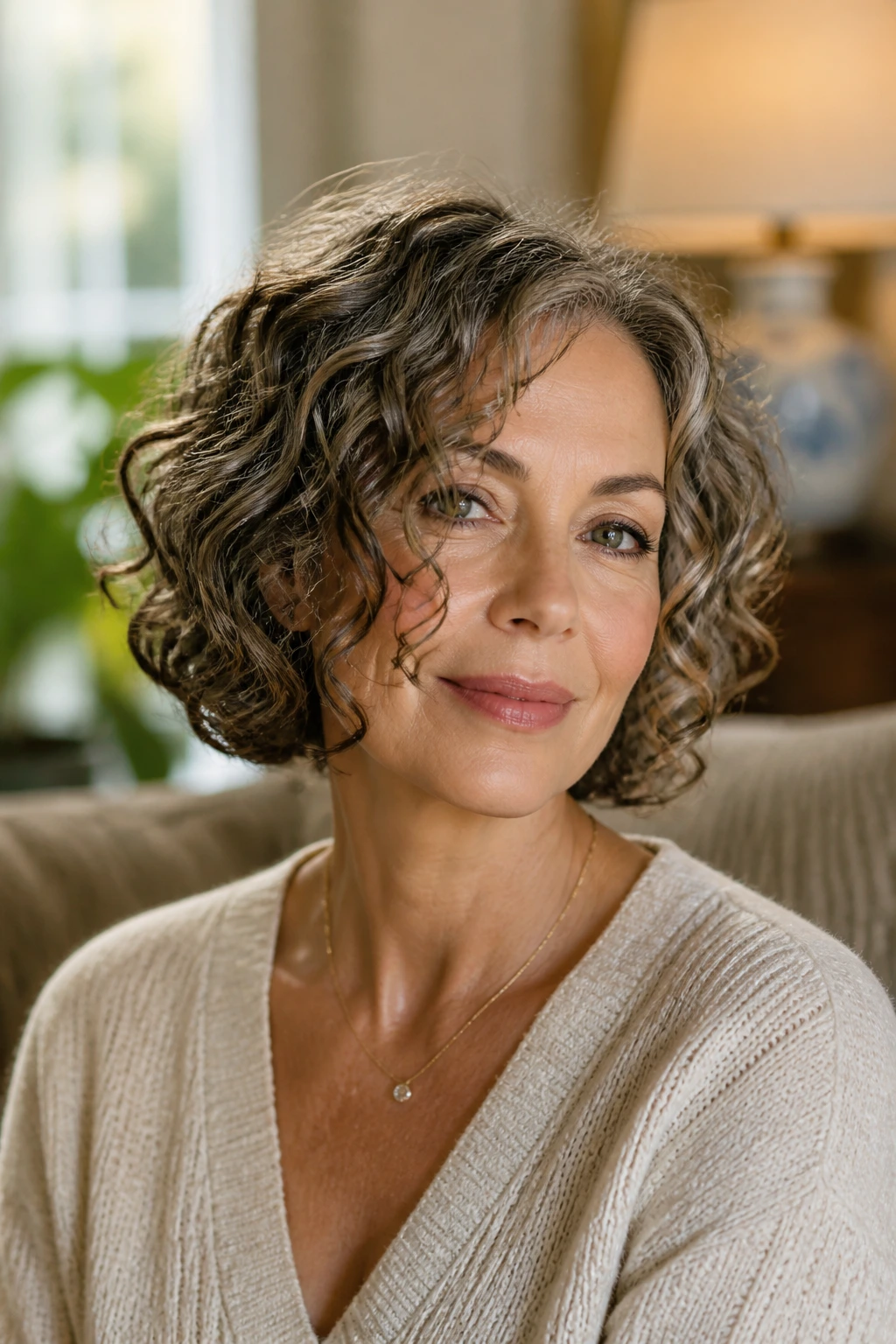 Medium close-up of a woman with face-framing spiral curls in a curly bob.