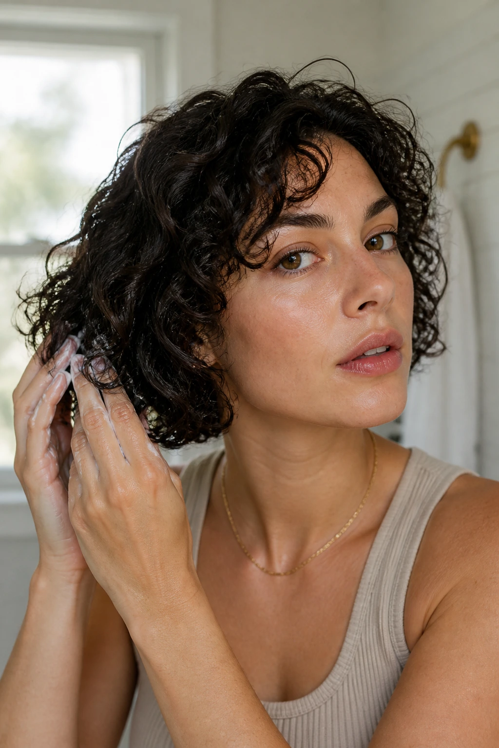 Close-up of a person styling a curly bob with product application