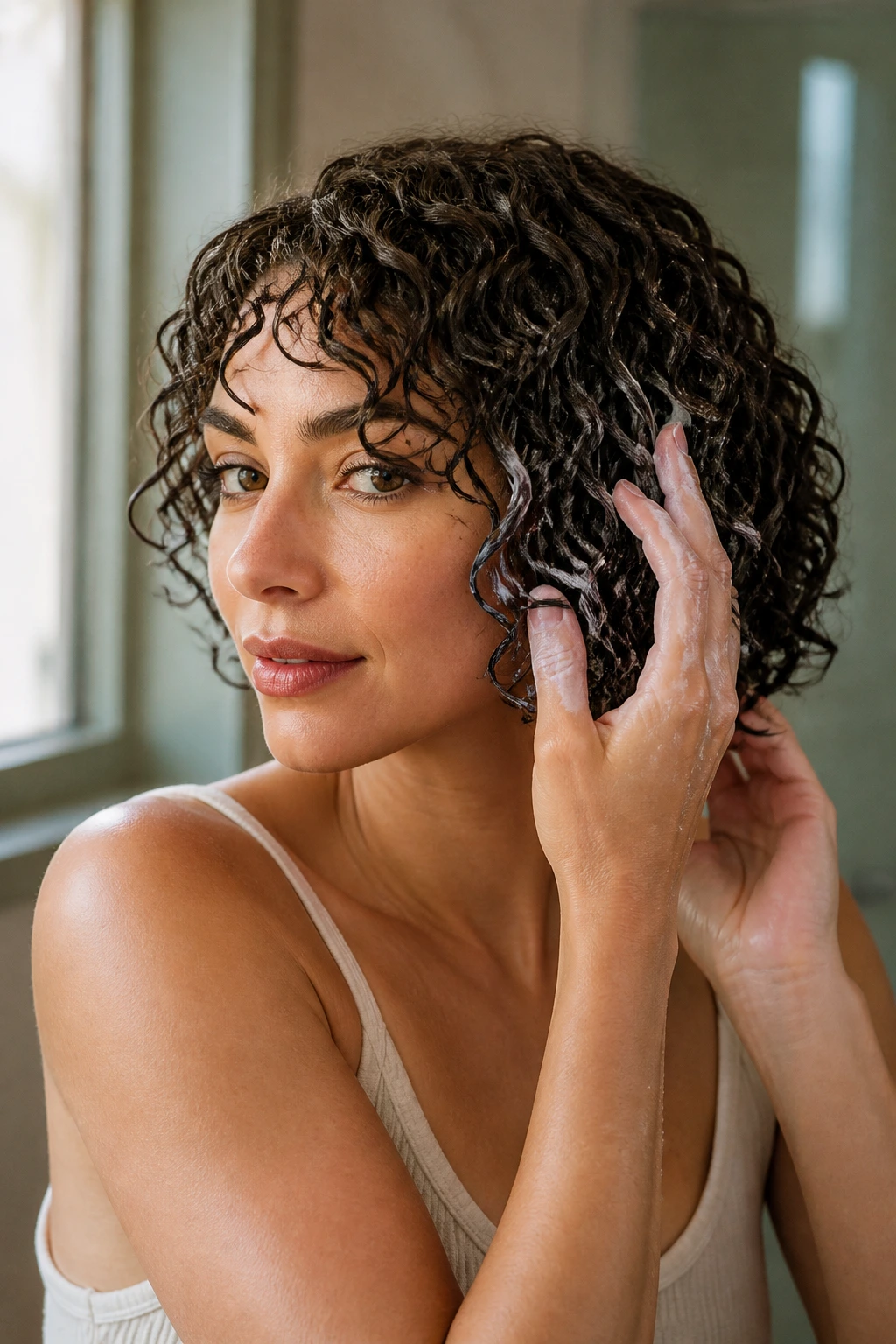 Close-up styling a curly bob at home bathroom