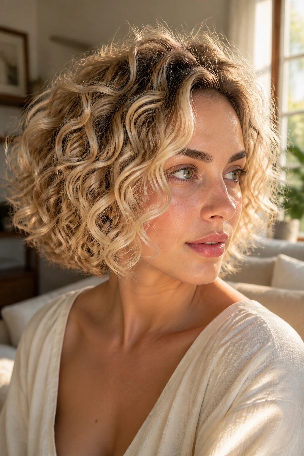 Close-up of a real woman with a curly sunlit bob and highlighted curls.