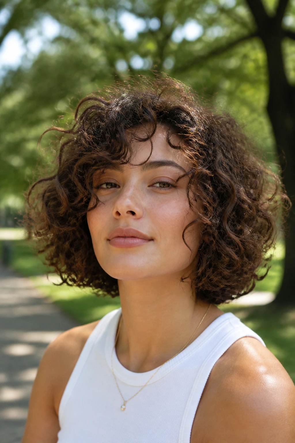 Portrait of real woman's balanced curly bob with natural movement outdoors