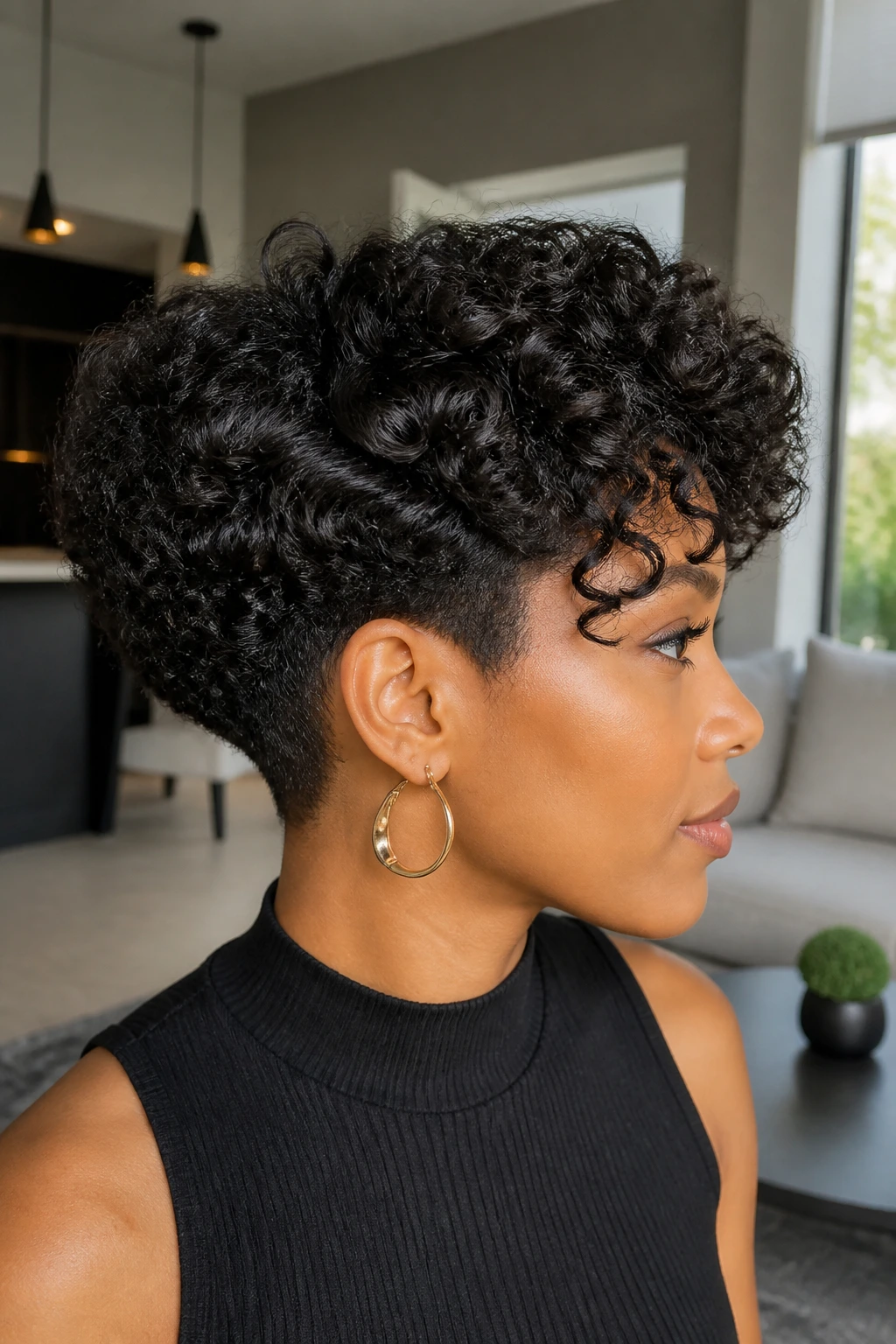 Three-quarter portrait of a real woman with curly bob and tapered nape
