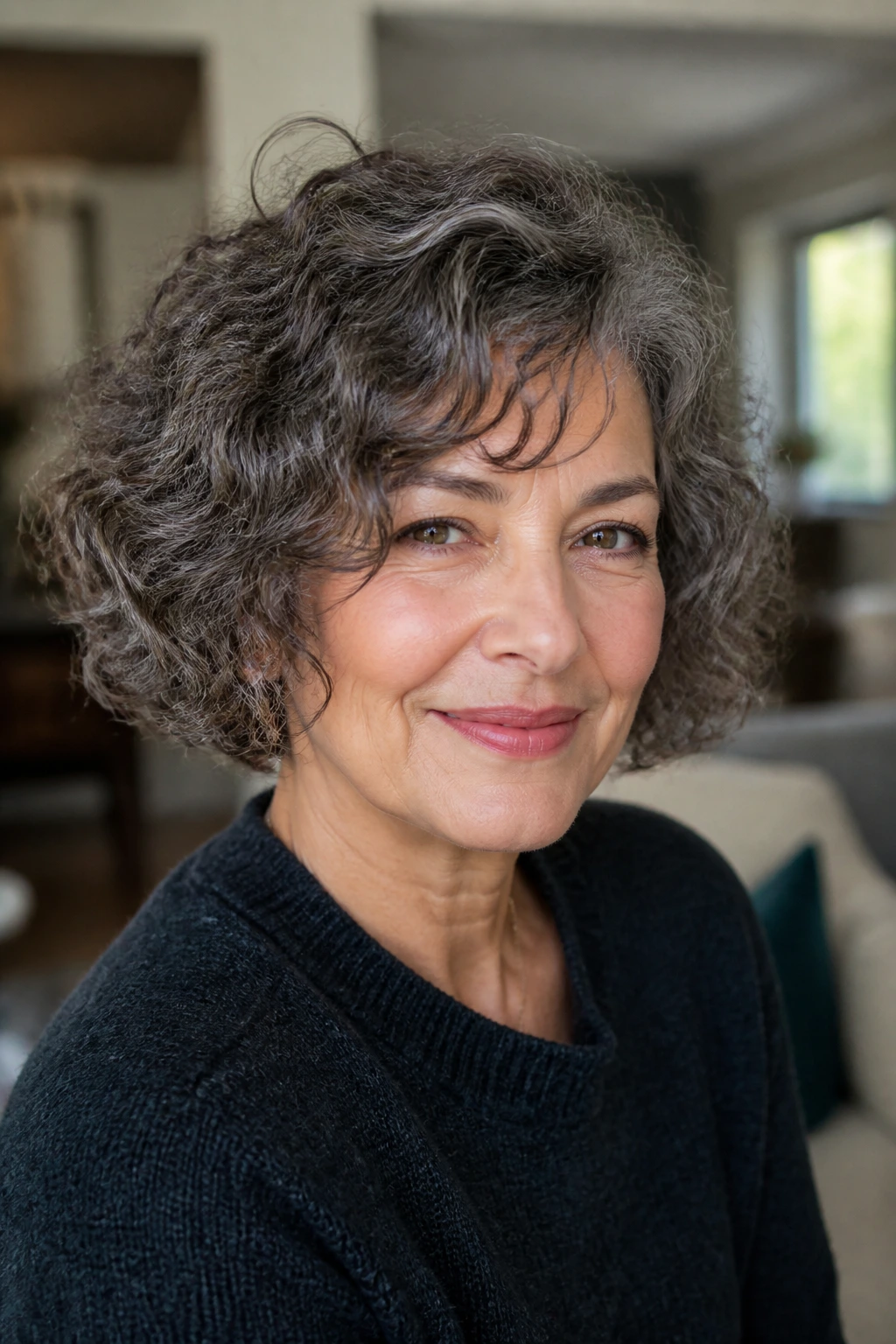 Real woman with curly bob where texture leads the shape.