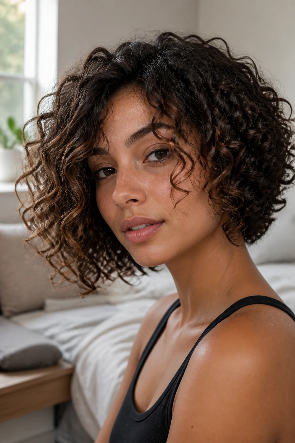 Close-up of real person with curly bob showing loose waves, spirals, and coils