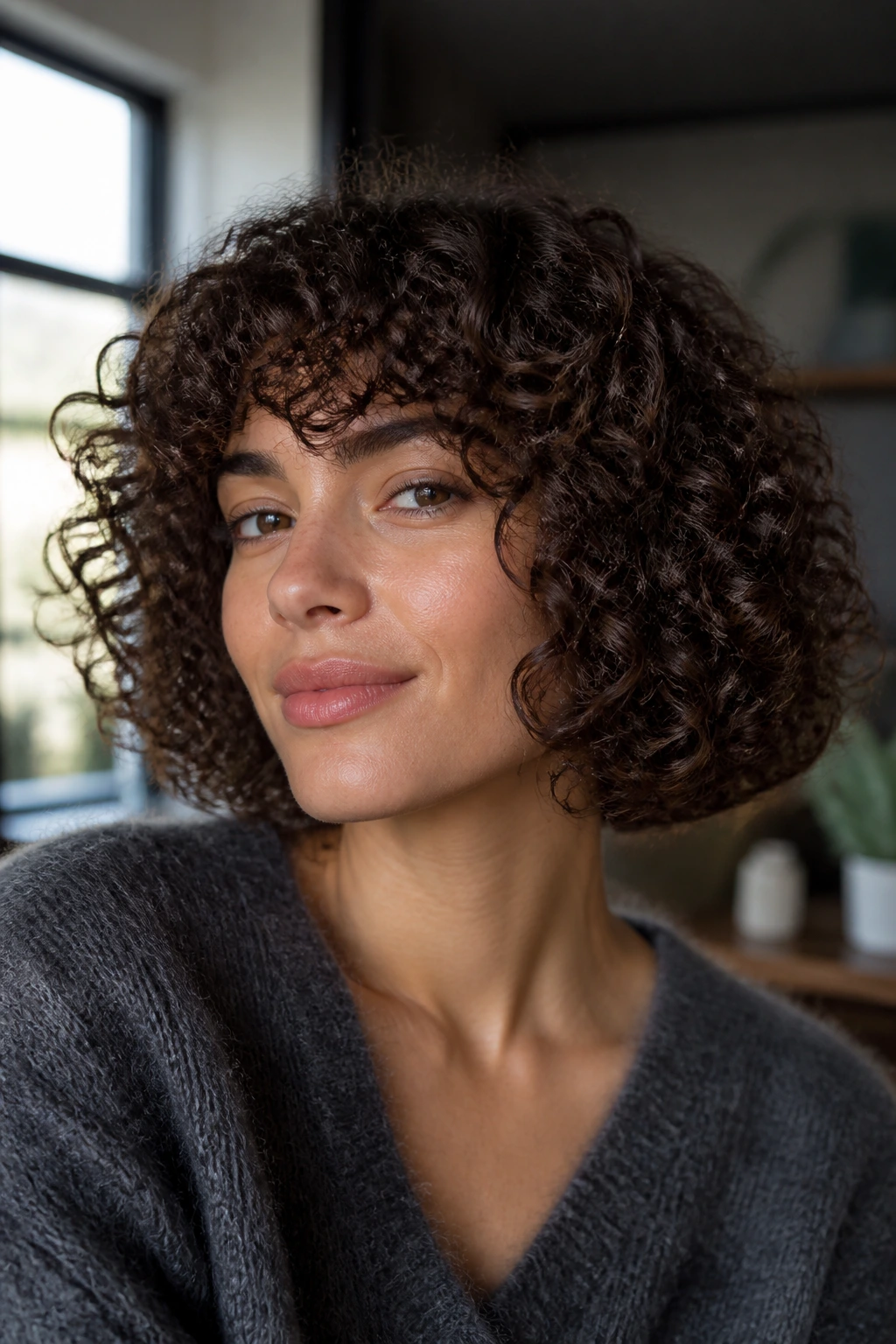 Real woman with curly rounded bob following curl pattern