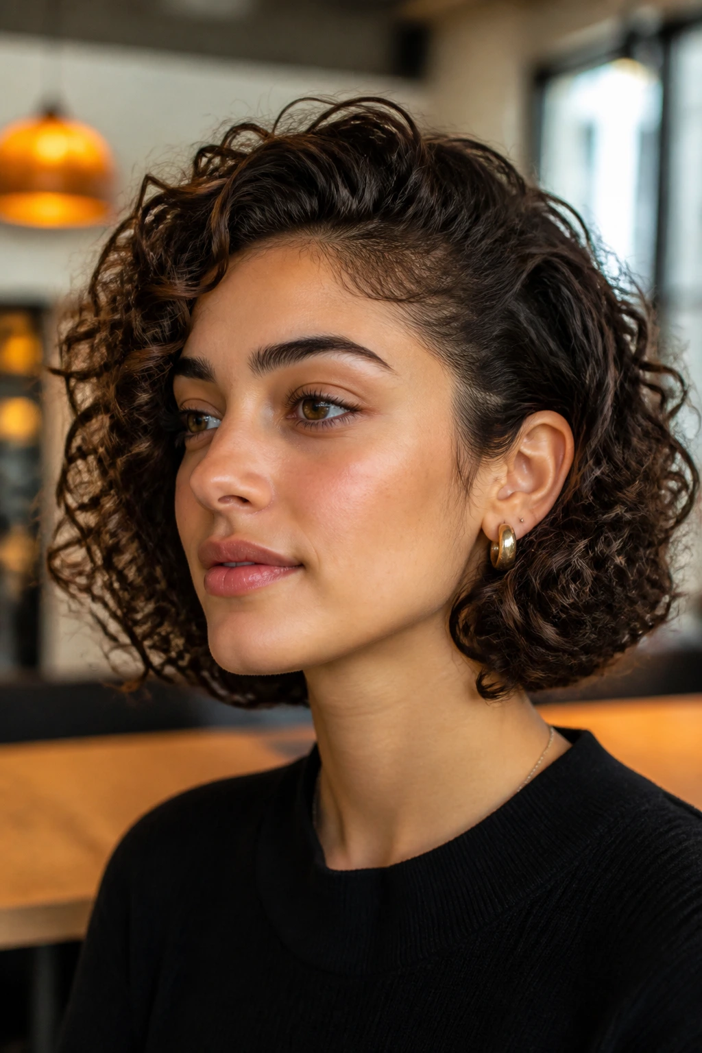 Portrait of a woman with curly bob and tucked-back sides.
