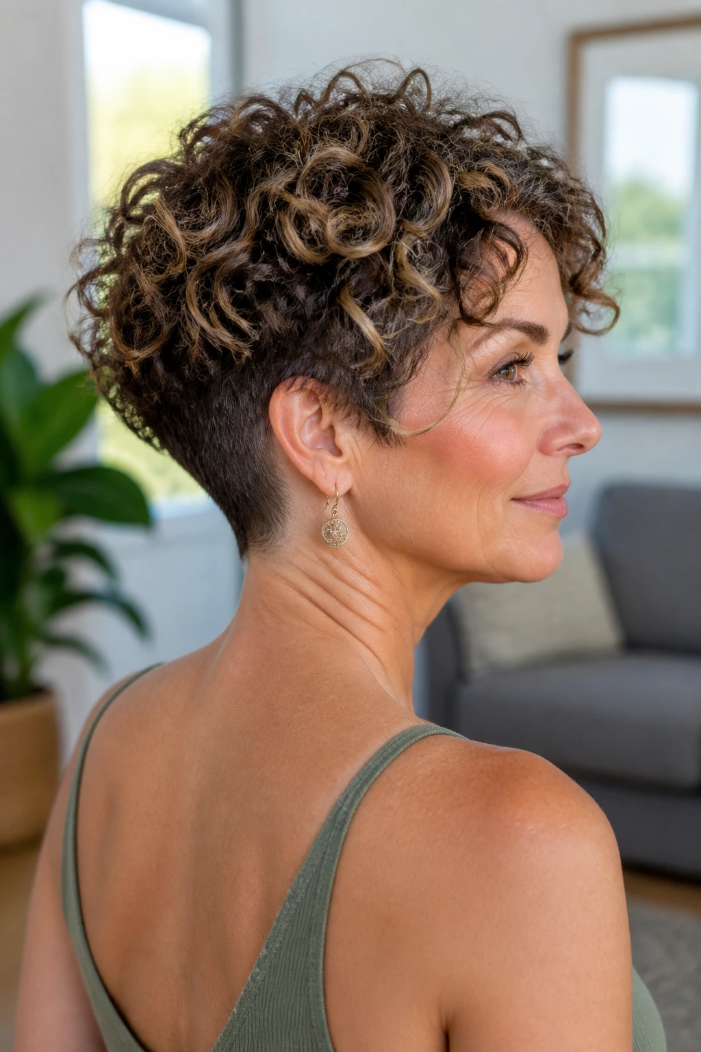 Close-up portrait of a real woman with a curly bob and nape undercut in a bright living room