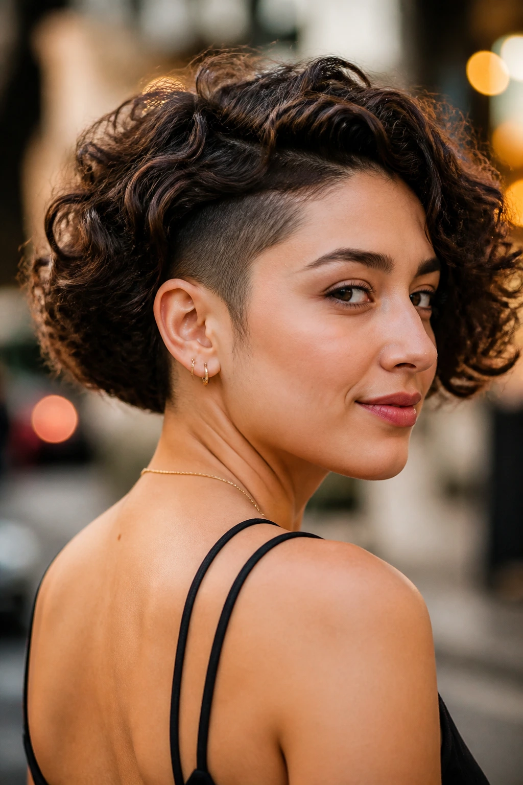 Close-up of real woman with curly bob and subtle undercut at the nape.