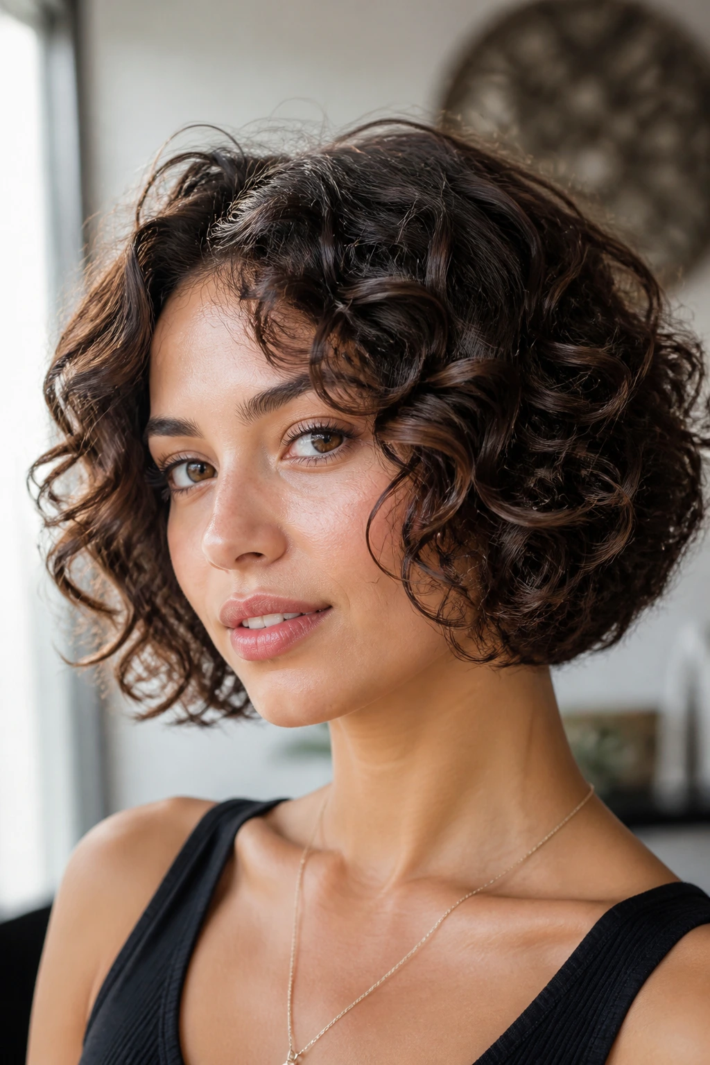 Close-up portrait of a real person with a sculpted curly bob and interior debulking