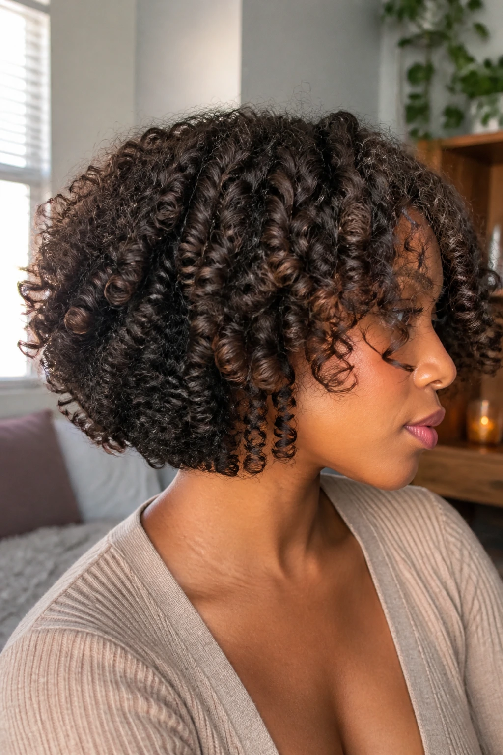 Close-up of a real woman with curly bob and visible underlayers
