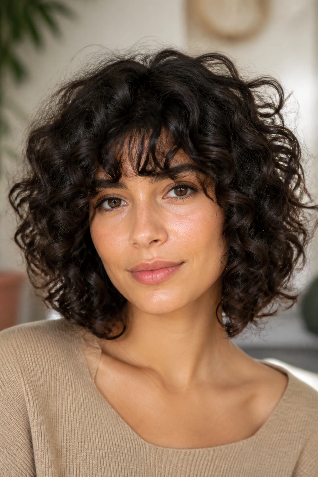 Close-up of real woman's curly bob with fringe-forward variation