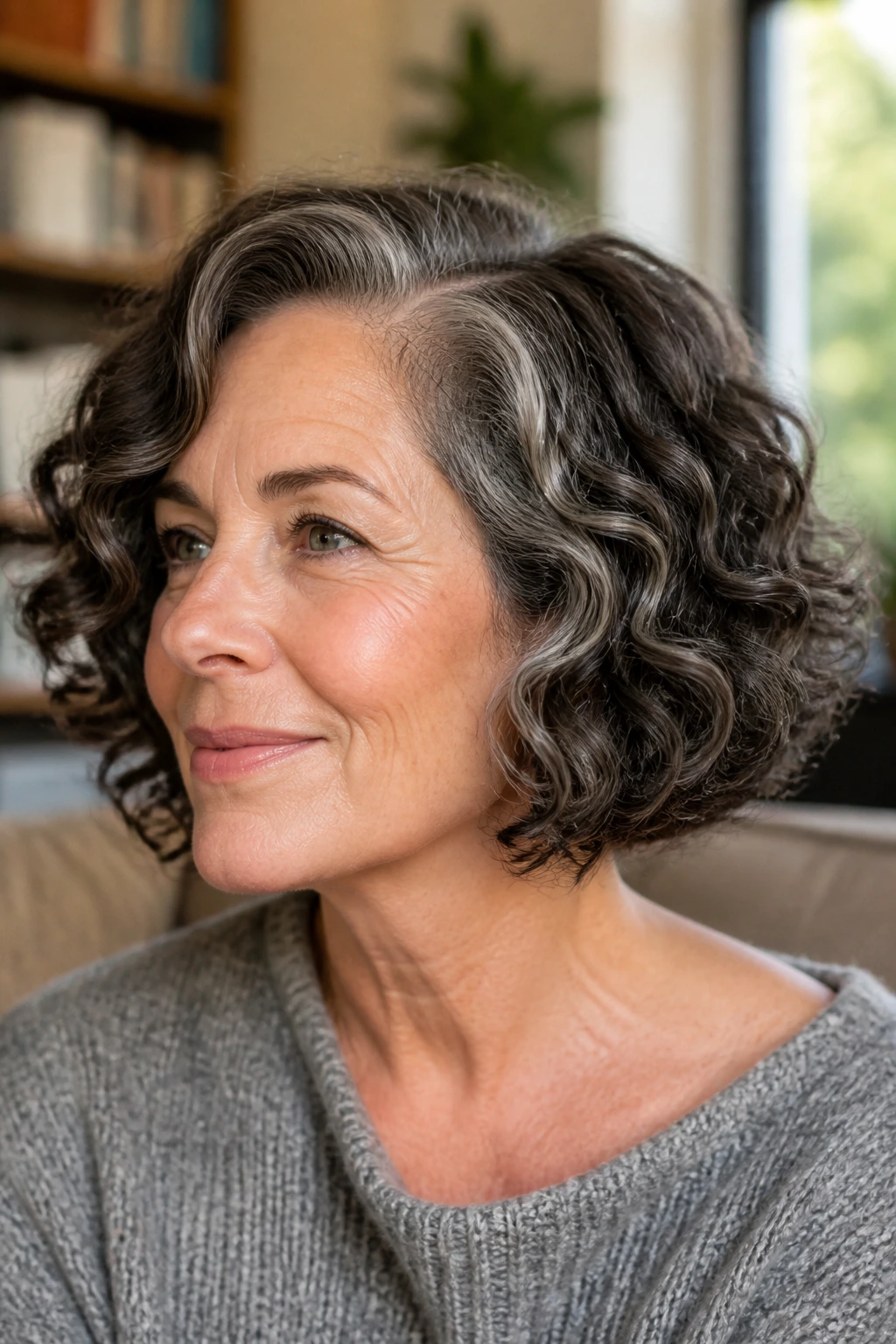 Medium close-up of a real woman with curly bob showing a side part and lifted crown.