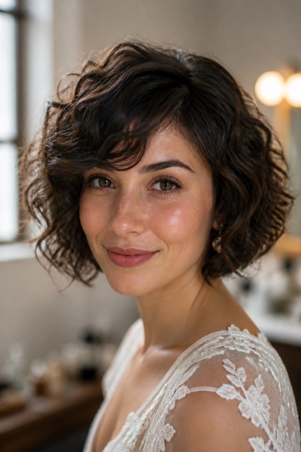 Close-up of a real woman with curly bob and side-swept bangs in soft natural light.