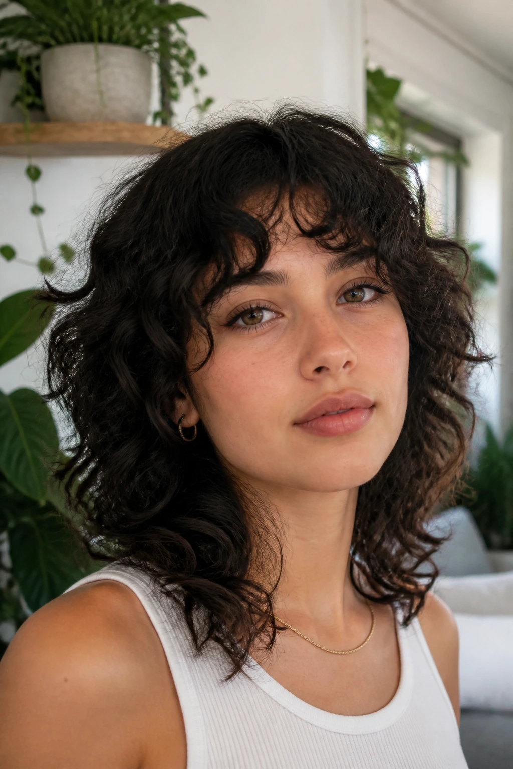 Real woman with curly bottleneck bangs sitting above the eyes