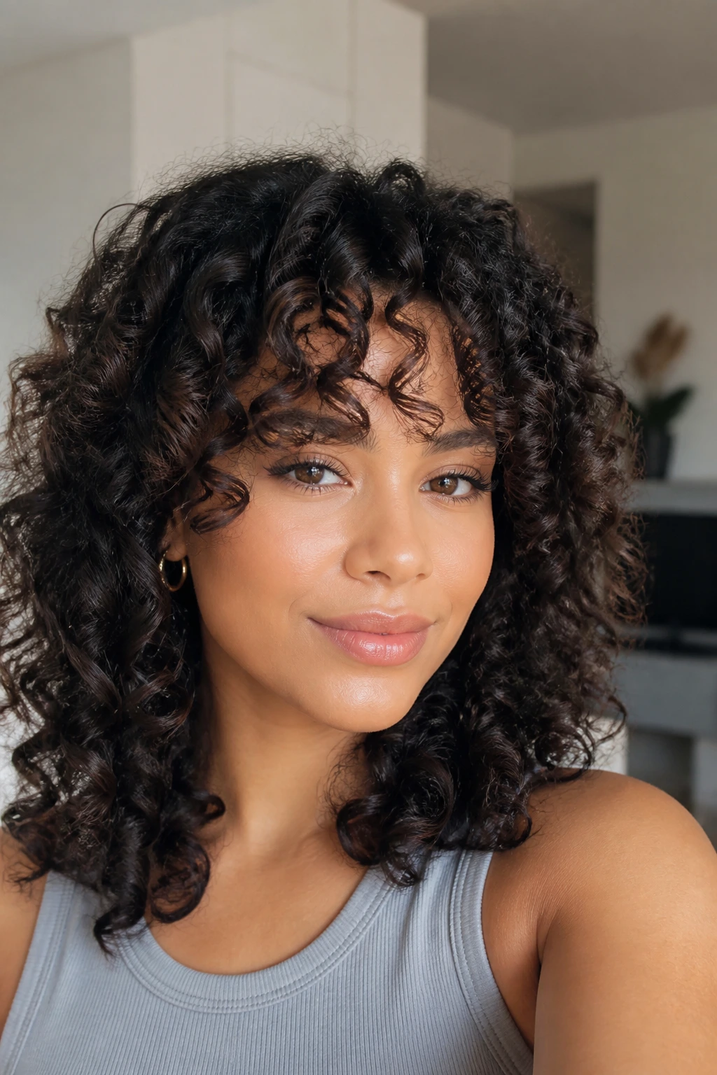 Close-up of curly bottleneck bangs with a soft bend on a real person