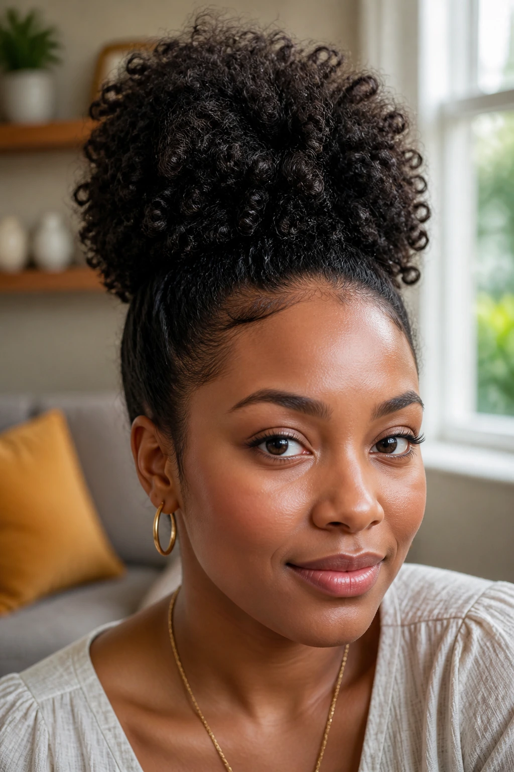 Close-up portrait of a woman with curly bouffant puff and defined curls