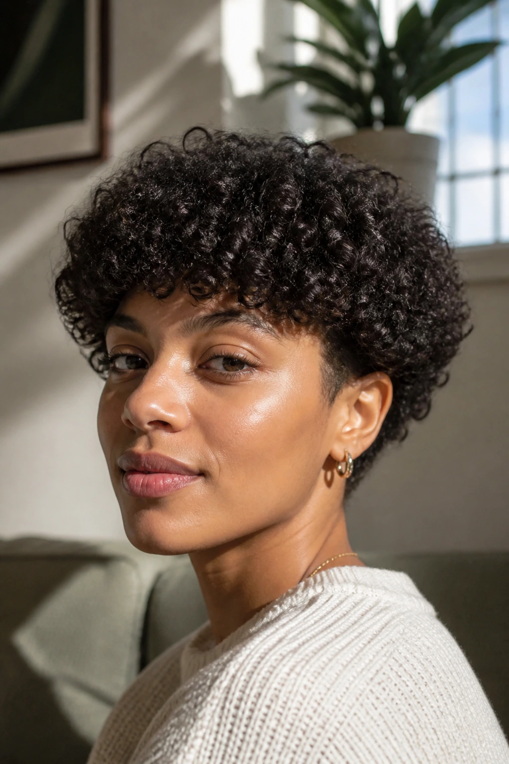 Close-up portrait of curly bowl crop hairstyle on a real person