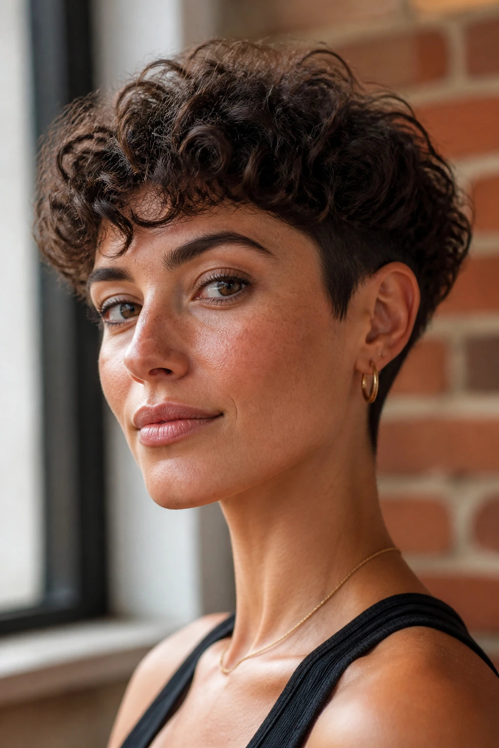 Close-up portrait of a real woman with curly bowl crop against brick wall.