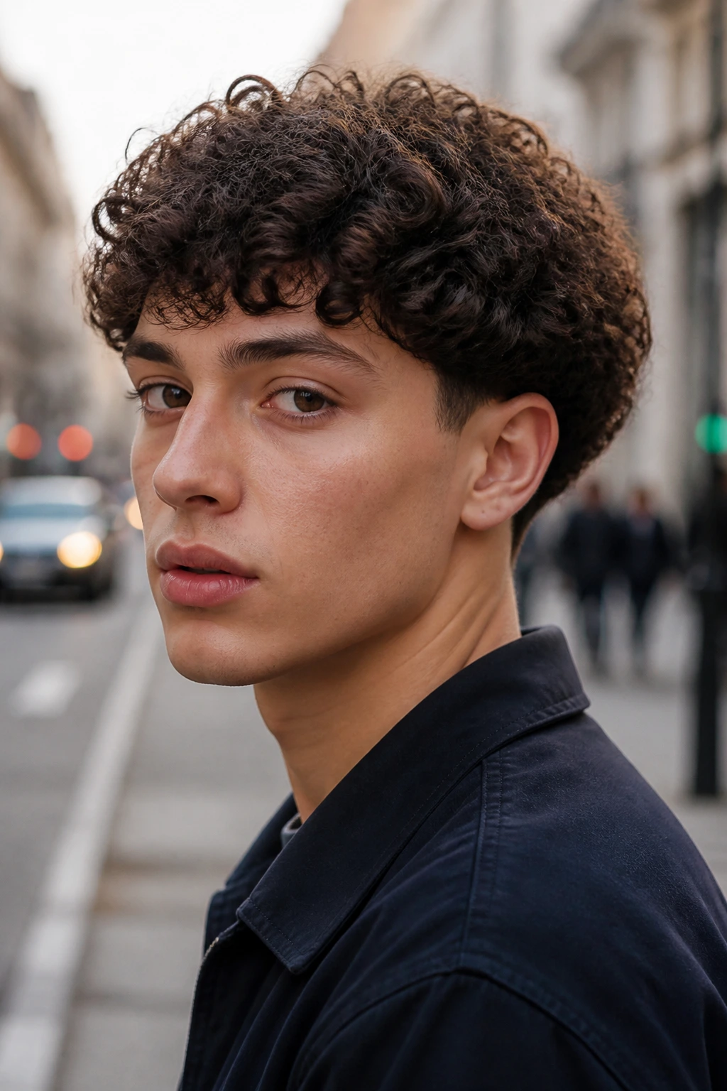 Close-up portrait of a real person with a curly bowl cut in an urban daylight setting.