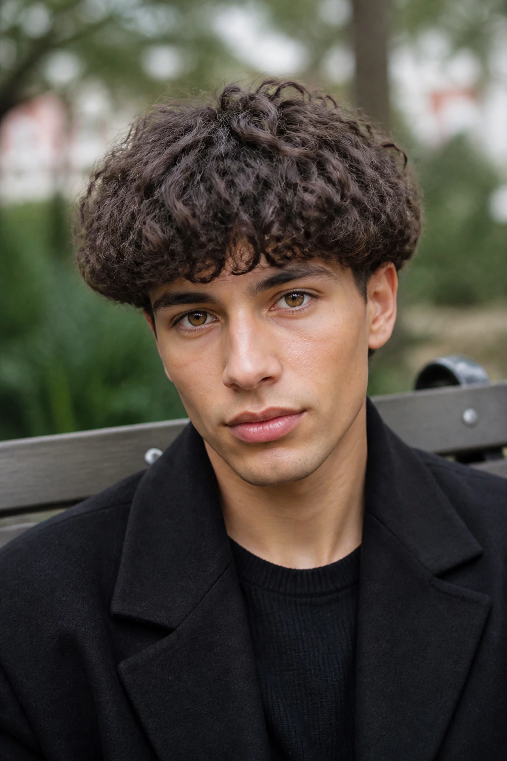 Portrait of a real person with Curly Bowl Cut under diffused daylight in a park.
