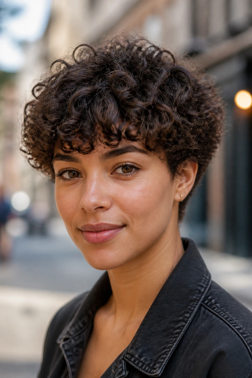 Close-up portrait of a real person wearing a reworked curly bowl cut.