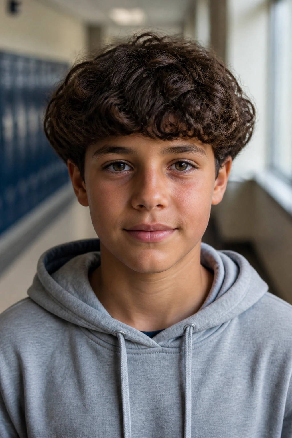 Close-up portrait of a real schoolboy with a soft-edged curly bowl cut in a school hallway.