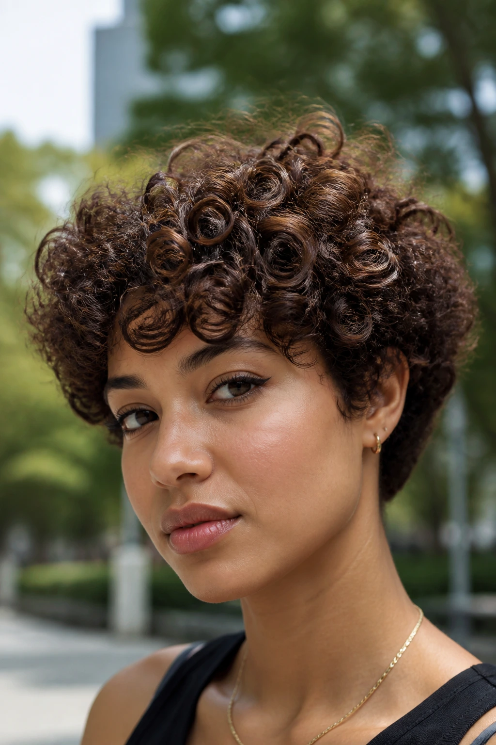 Close-up portrait of a real person with a curly bowl-inspired shape in a city park setting.