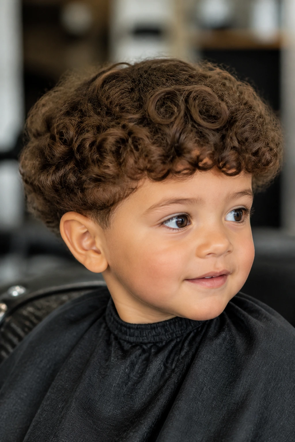 Toddler boy with a rounded curly bowl cut in soft lighting