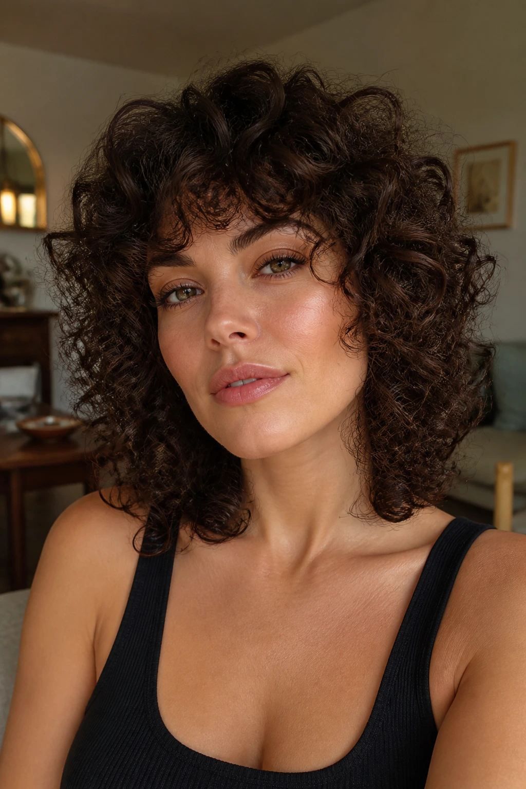 Close-up portrait of a real person with curly box-shag and sculpted halo