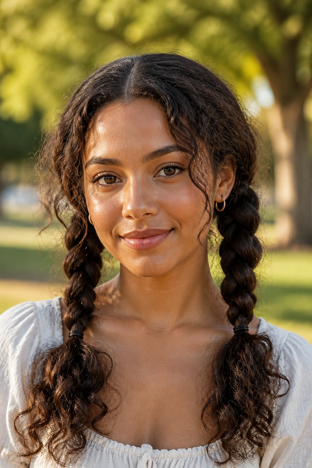 Portrait of a real woman with center-parted long curls styled into two loose pigtail braids.