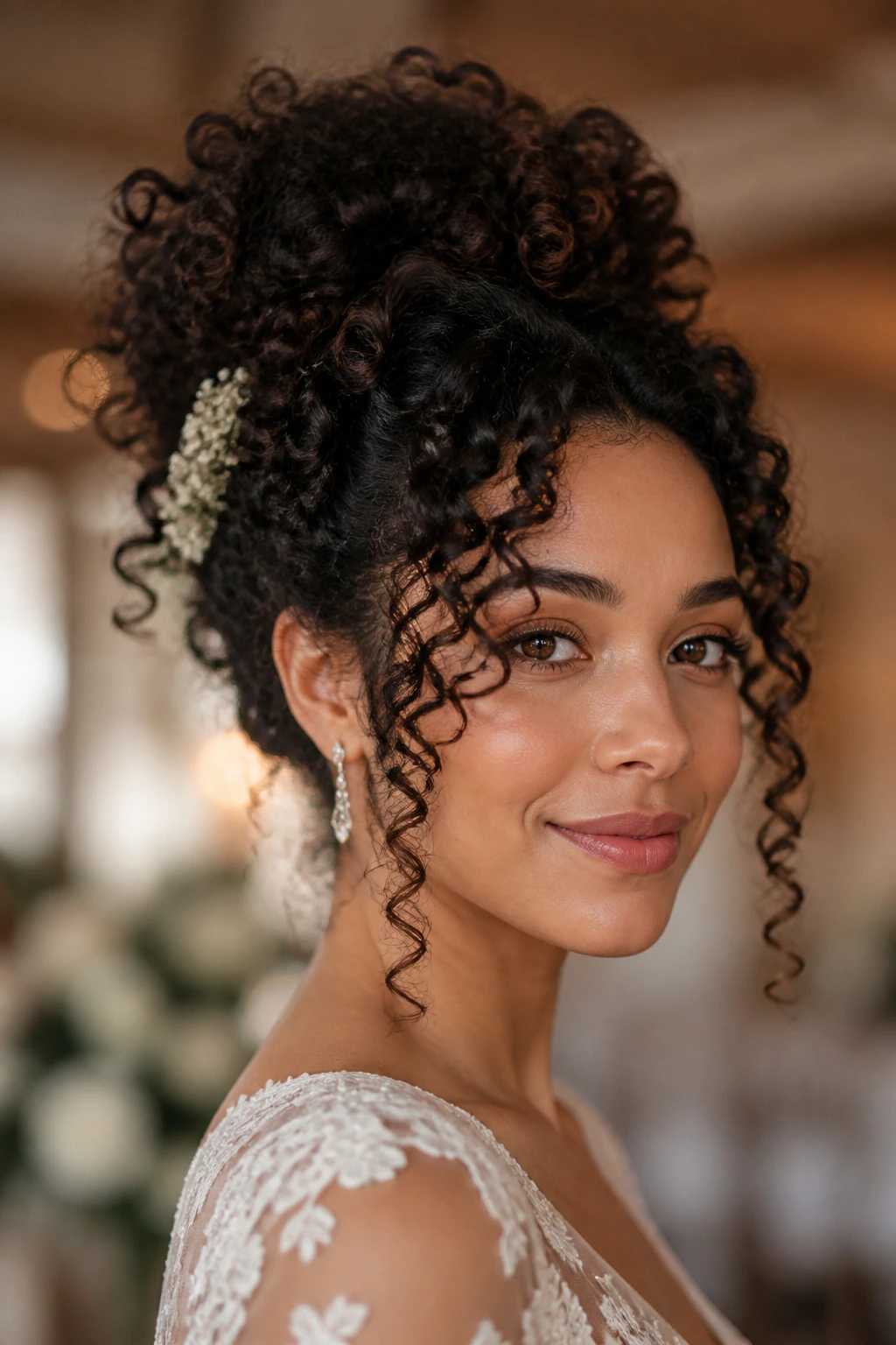 Close-up of a real bride with defined curly hairstyle