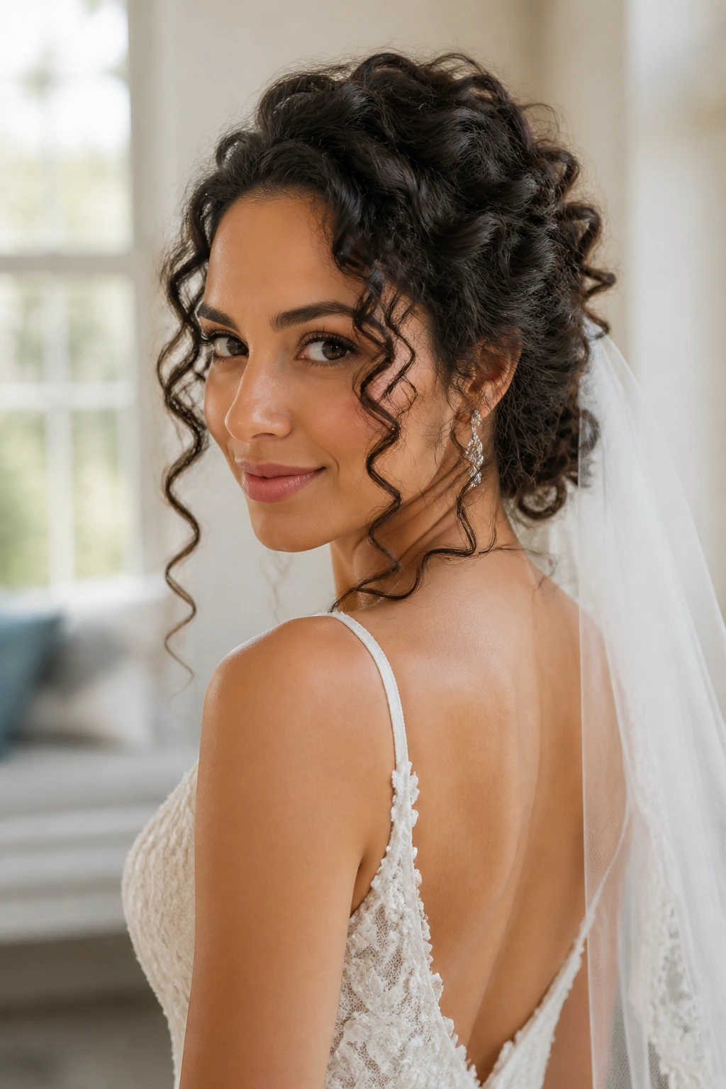 Close-up of a real bride with structured curls and soft tendrils in a bridal suite