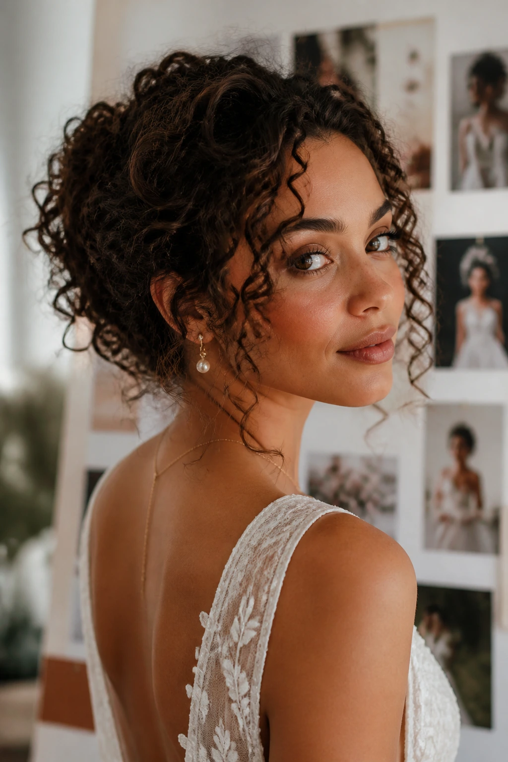 Close-up of a real bride with curly hair against a blurred mood-board background