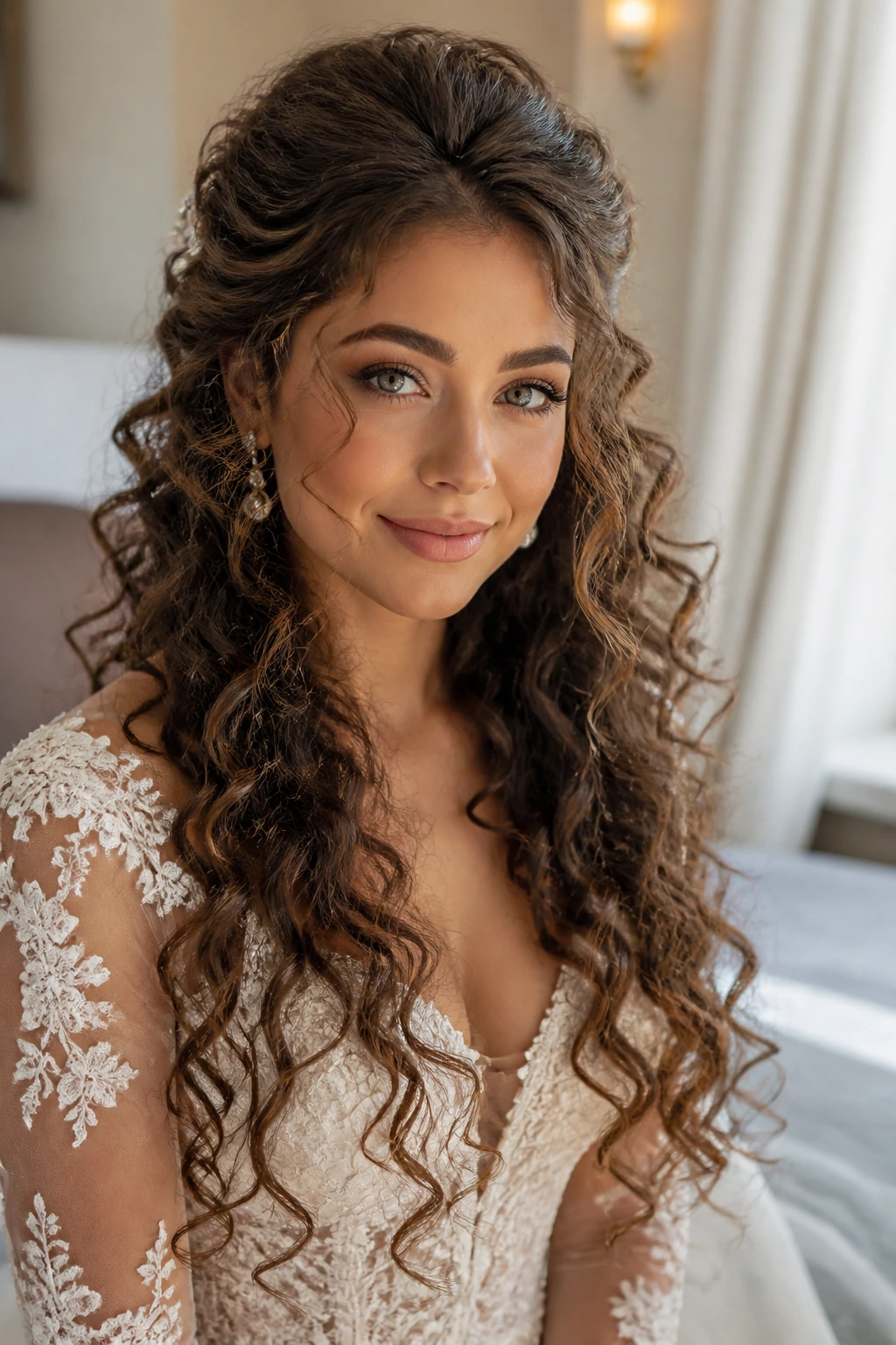 Bride with long curly hair showing presence and dimensional curls