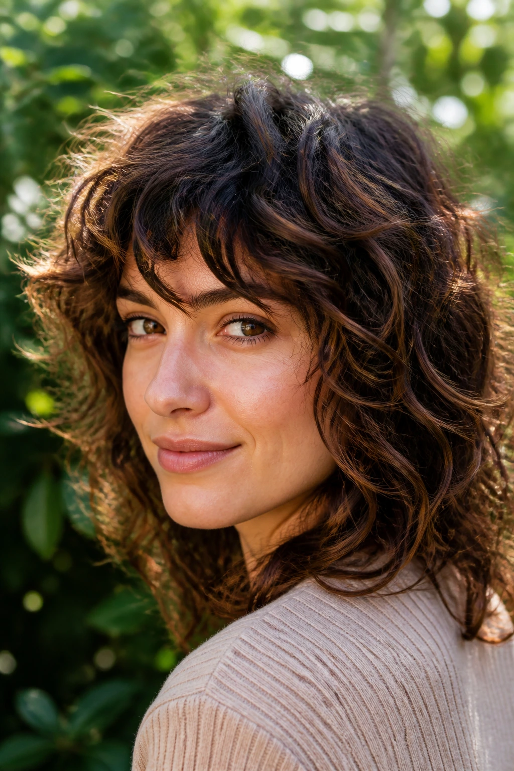 Curly brunette with cinnamon highlights in shag hairstyle outdoors