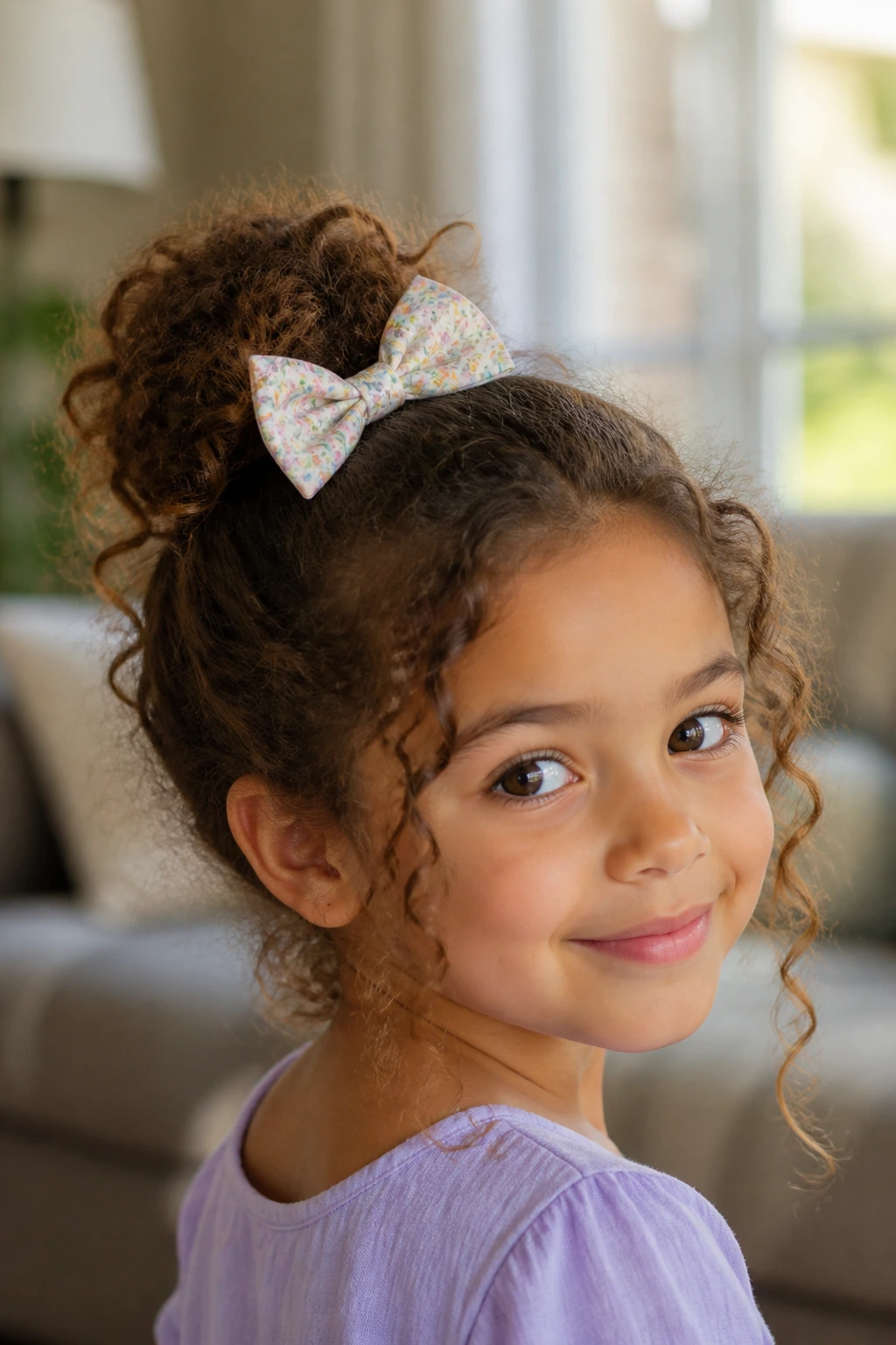Close-up of a young girl with a loose curly bun and a colorful bow