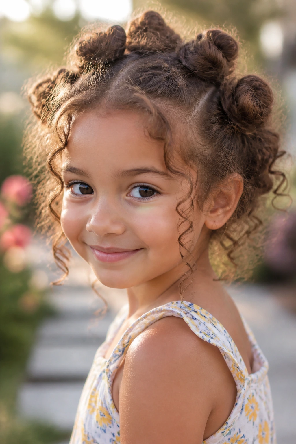 Girl wearing a curly bun crown hairstyle in soft light