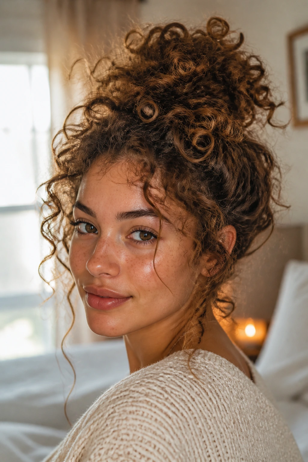 Close-up of a real person with a curly bun showing texture and halo curls