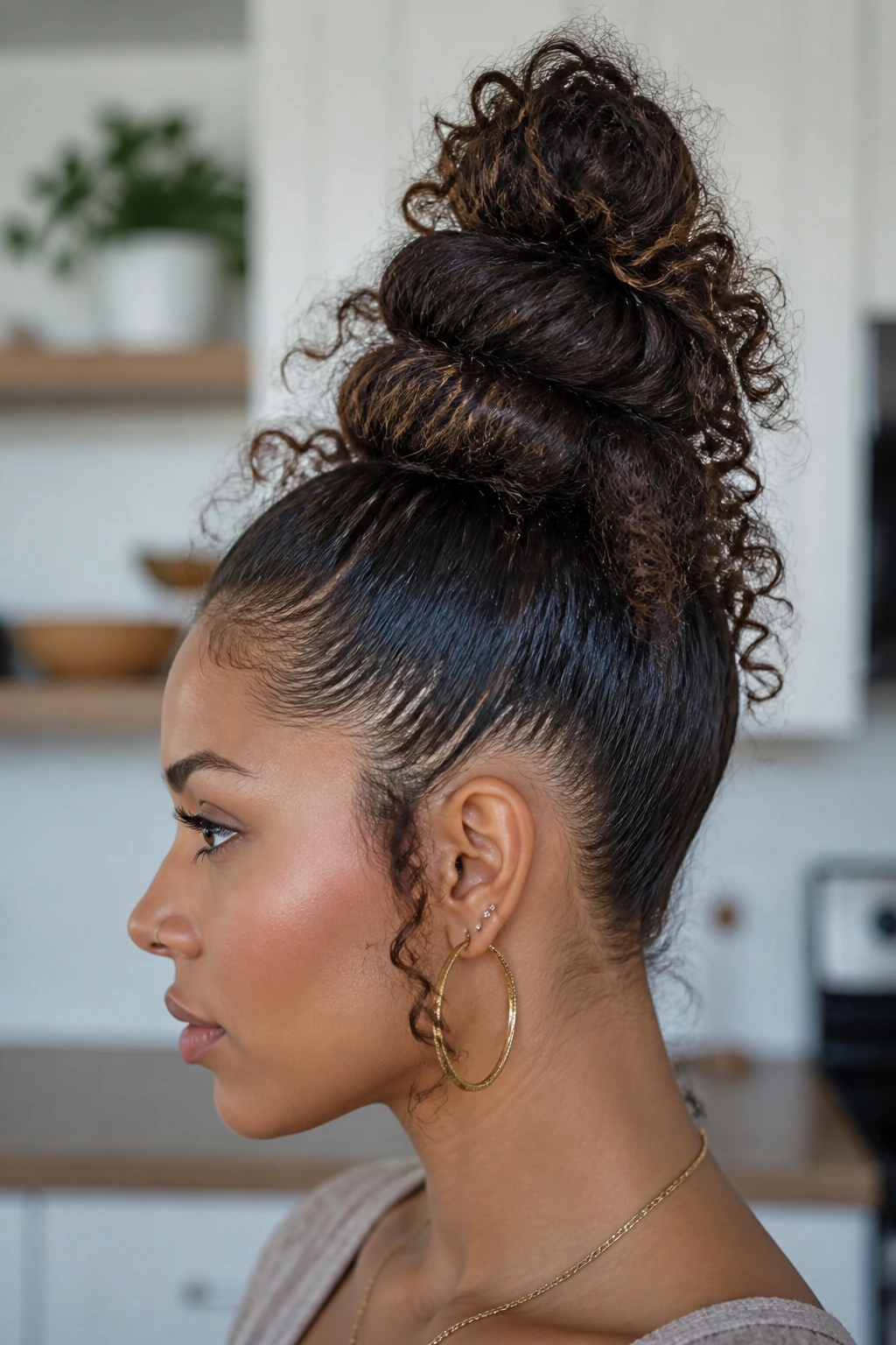 Close-up of Curly Bun Hawk on a real person with a central bun and loose surrounding curls