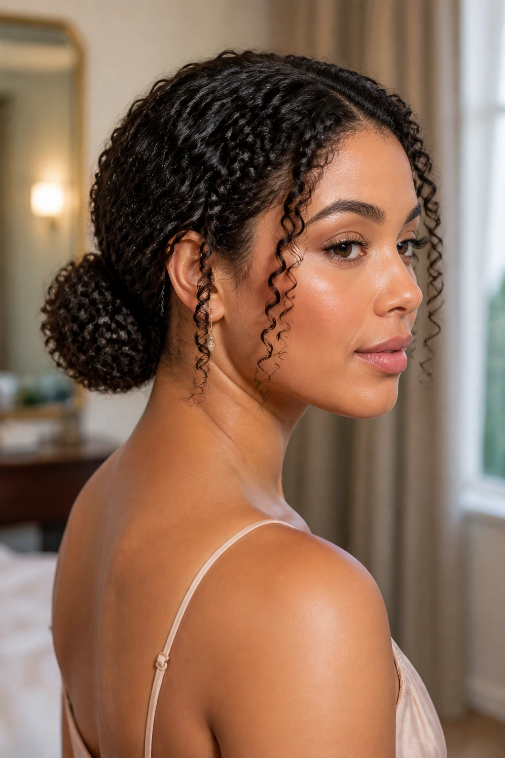 Close-up of a real woman with curly hair styled into a low bun at the nape