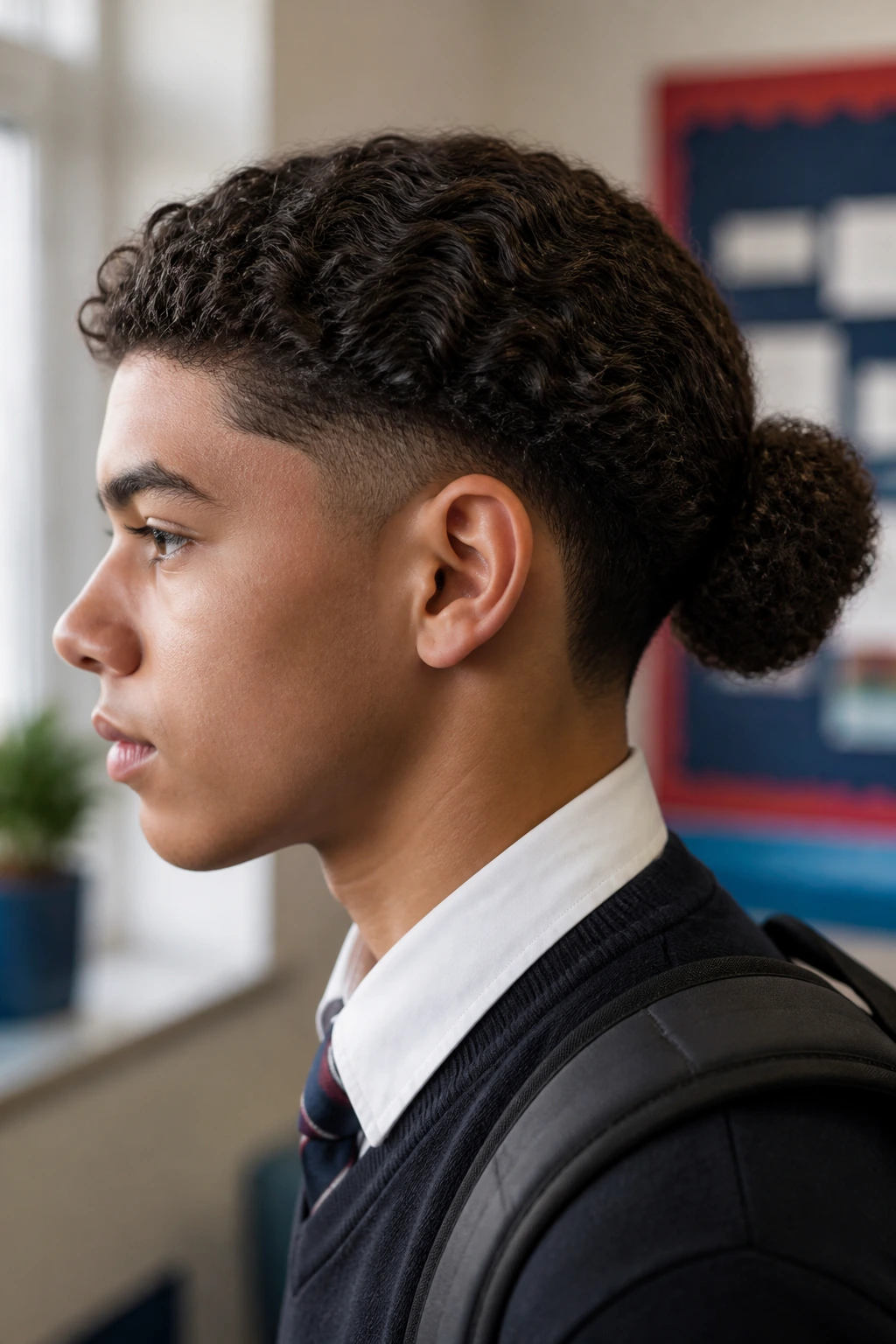 Side-profile of a real schoolboy with a curly bun and tapered sides.