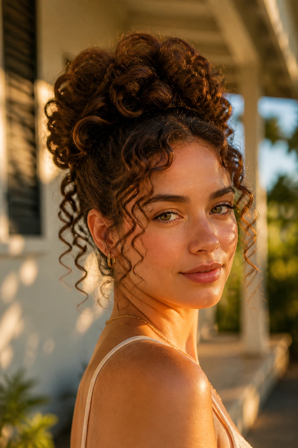 Close-up of a real woman with a curly bun and tendril halo in golden hour light