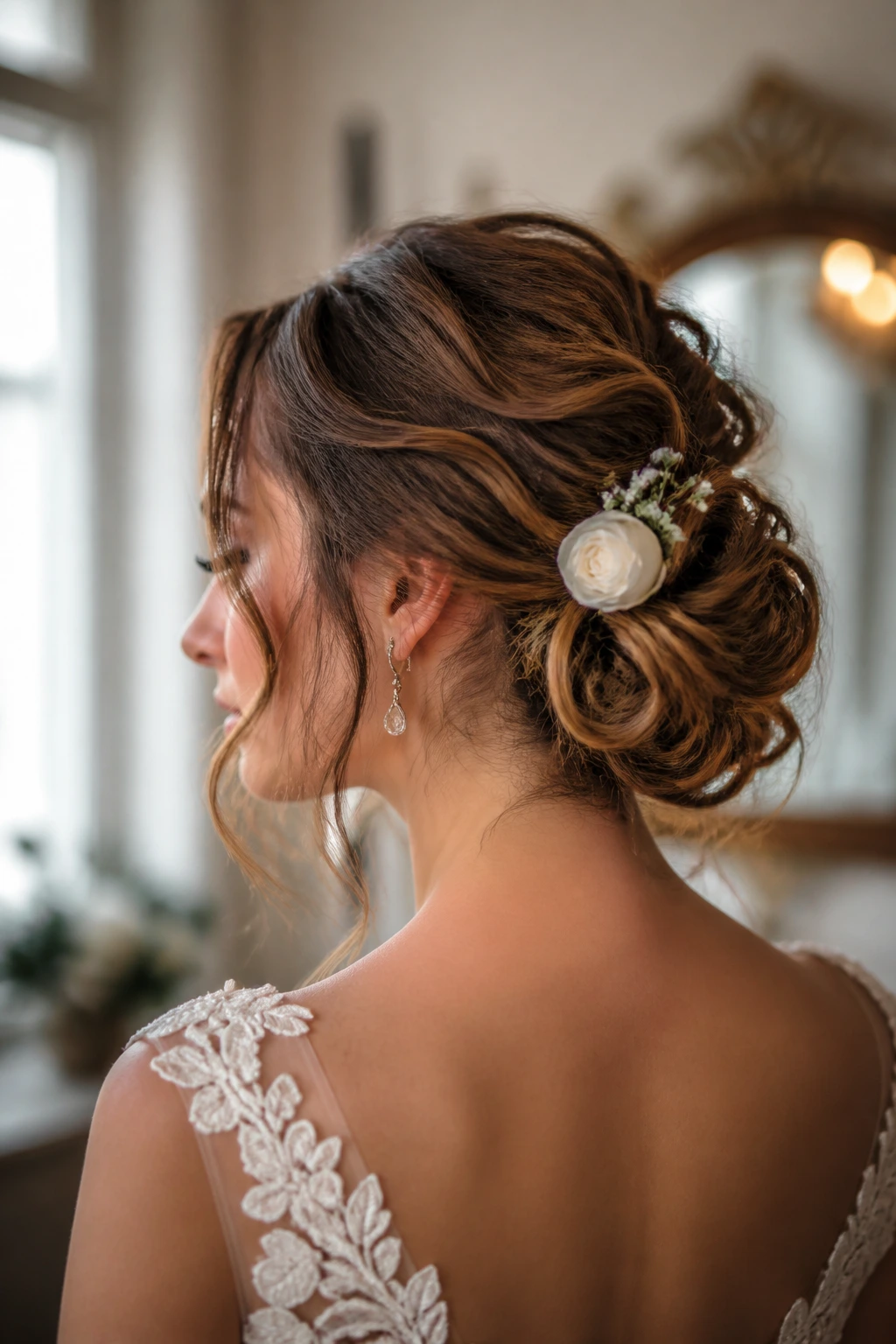 Curly-haired bride with textured low bun and single floral accent