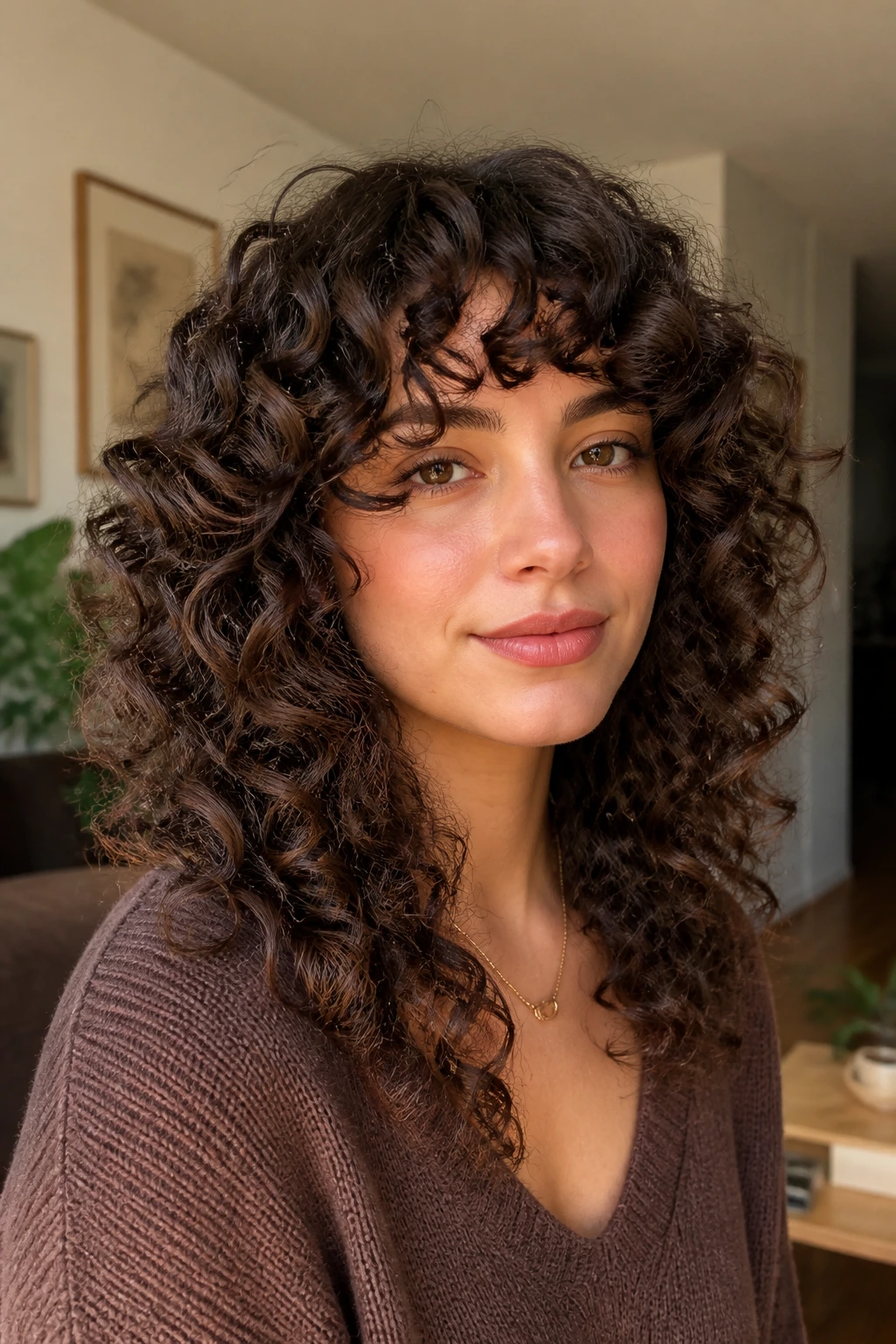 Portrait of a woman with curly butterfly cut and arc bangs